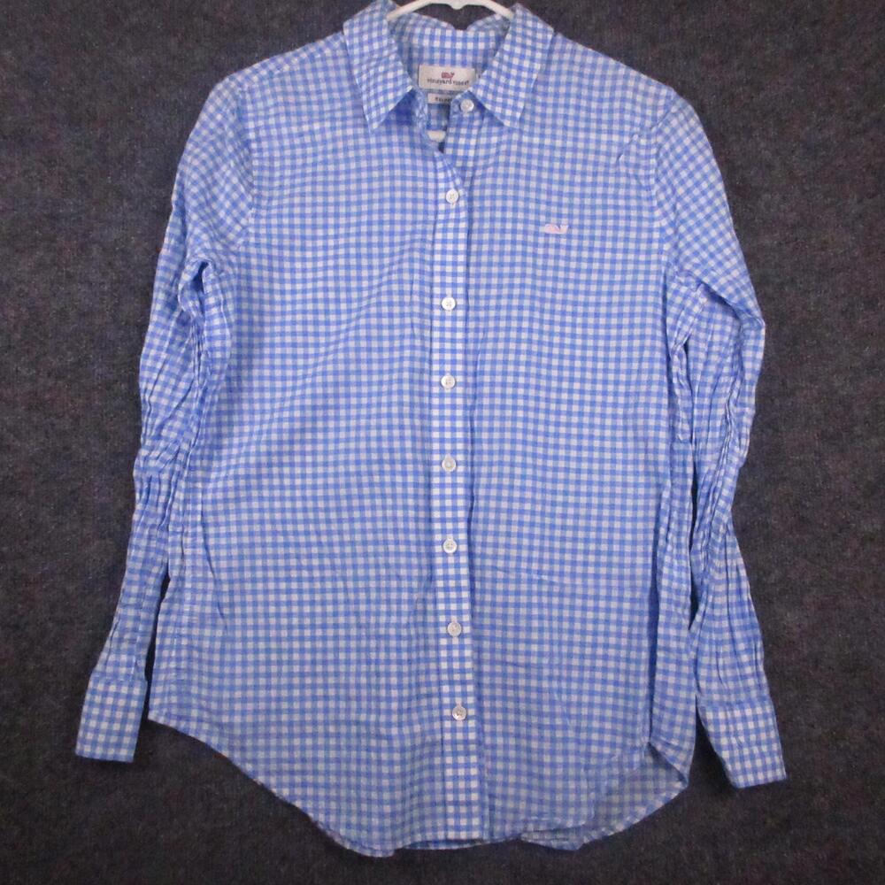 Vineyard Vines Shirt Womens 2 Blue Check Gingham Button Front Whale Logo